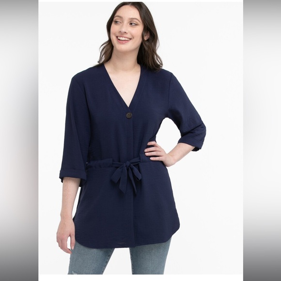 Black V-Neck Tie Waist Tunic Blouse - Picture 1 of 11